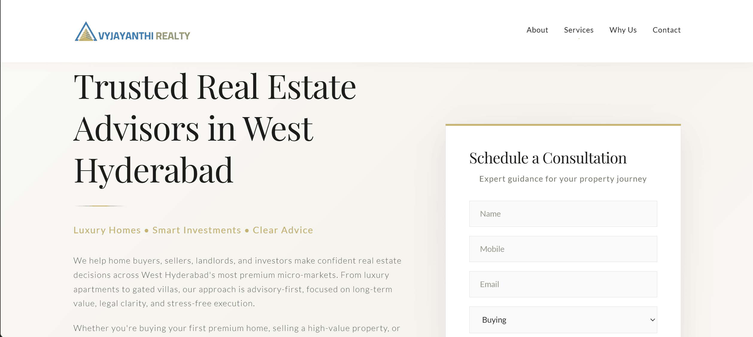 Vyjayanthi Realty — Advisory Website — project screenshot